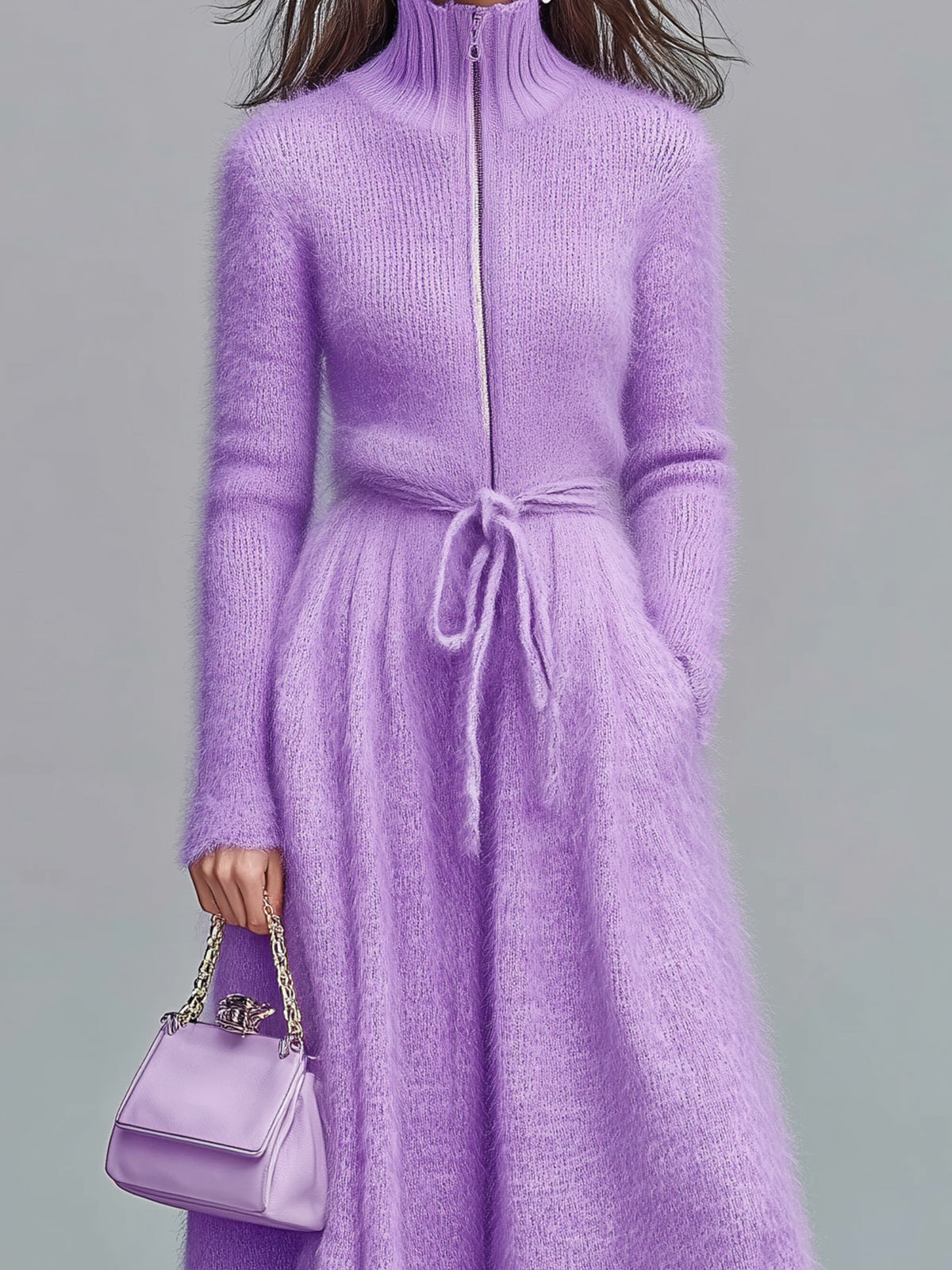 ElevenOra Chic Elegant Lavender Zip-Up Stand Collar Long-Sleeve Tailored Tie-Waist A-Line Knit Maxi Dress