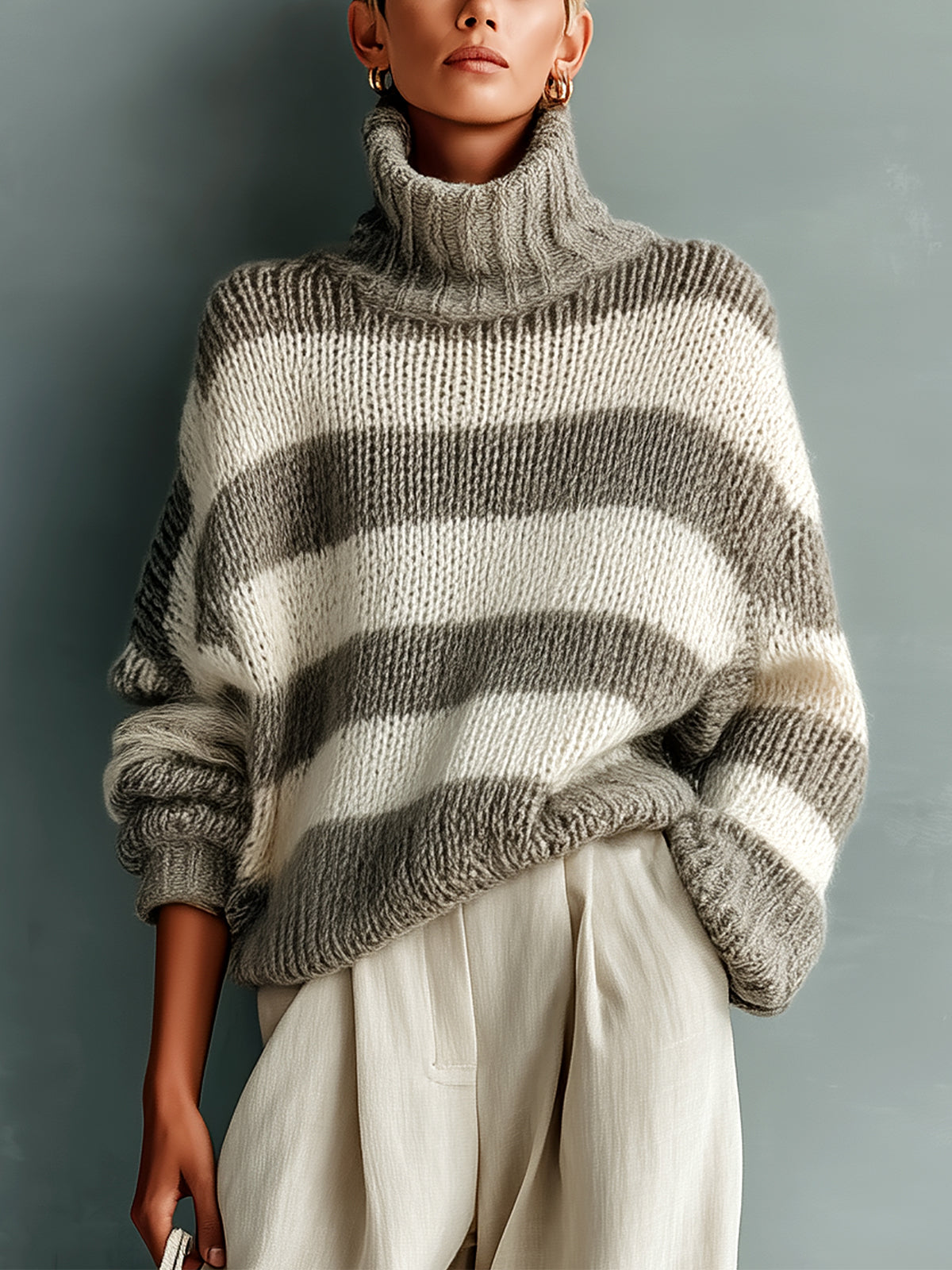 ElevenOra Chic Casual Contrast Stripes Turtle Neck Oversized Long-Sleeve Knit Sweater