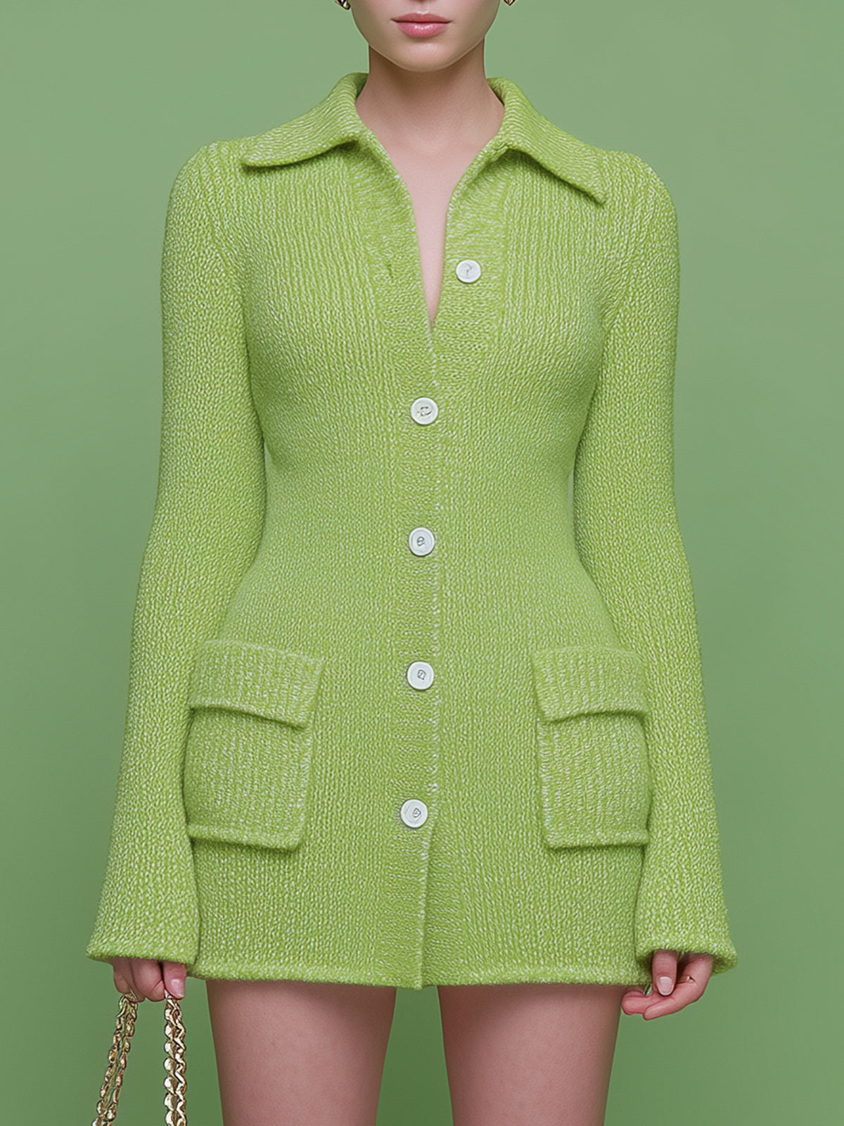 ElevenOra Stylish Solid Color Mohair Lapel Single-Breasted Slim Knit Mini Dress