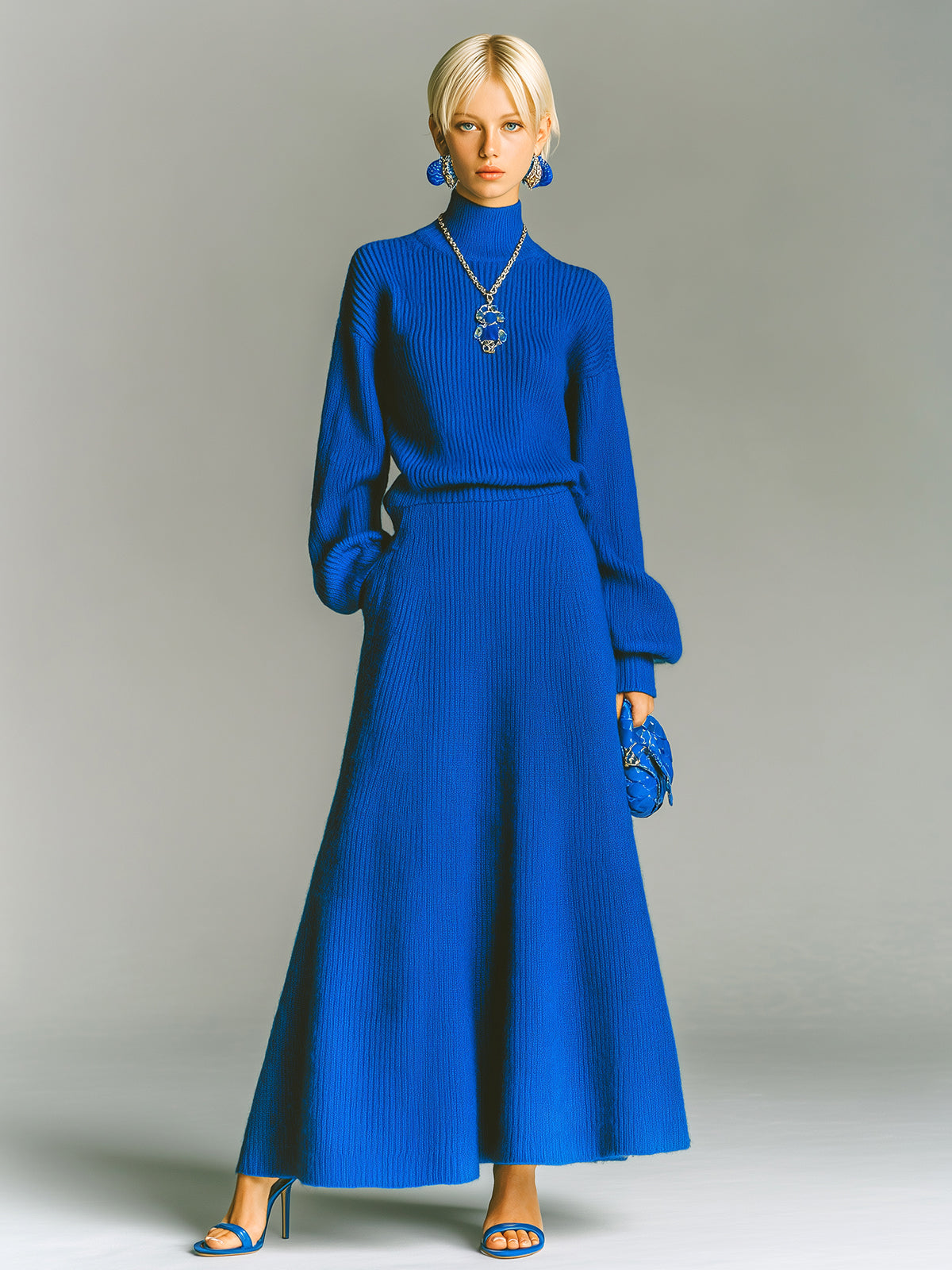 ElevenOra Chic Elegant Turtleneck Long-Sleeved Sweater Elastic Waist Maxi Skirt Knit Warm Two-Piece Set