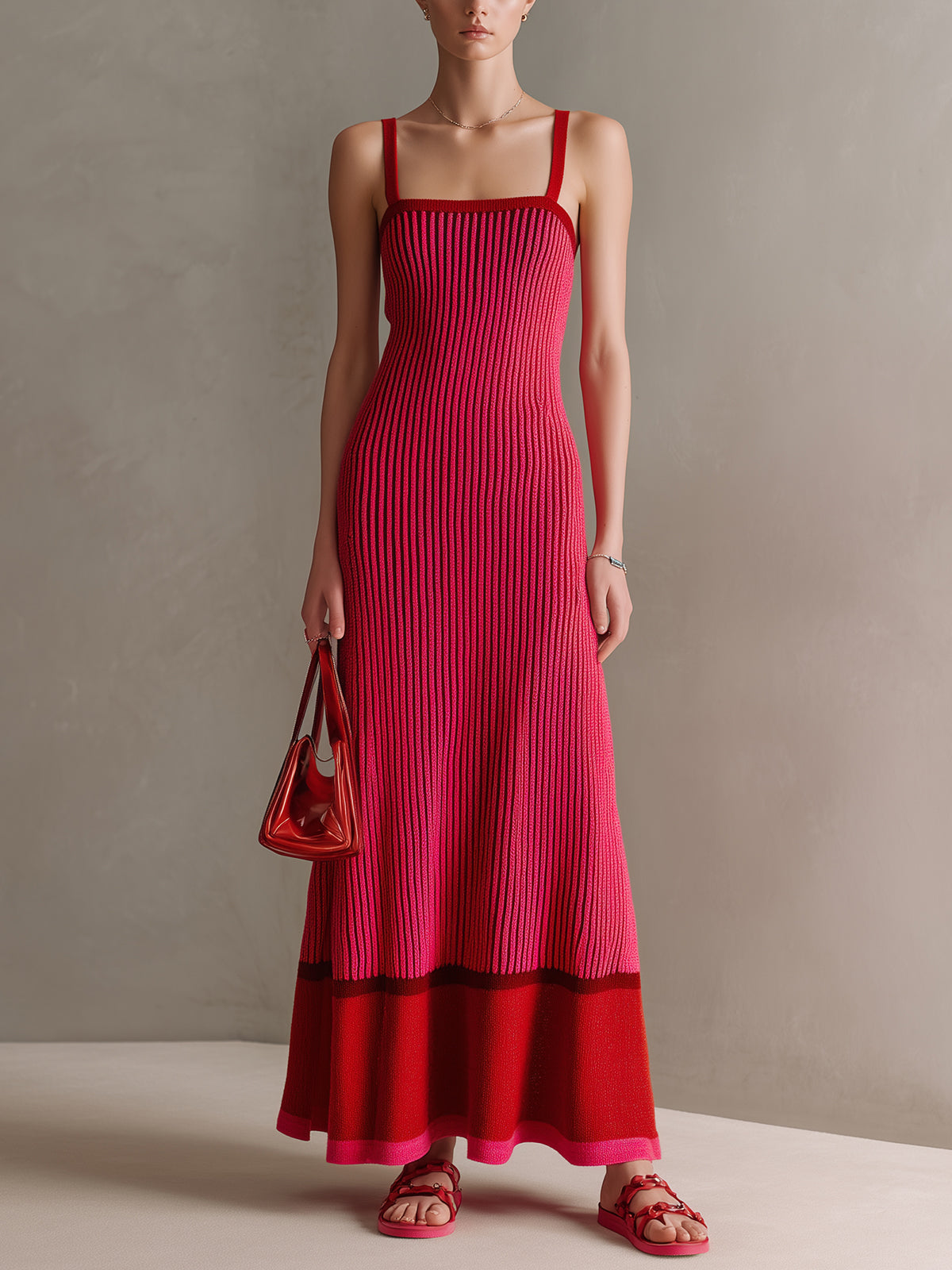 ElevenOra Chic Elegant Hot Pink-Red Colorblock Thin Straps Square Neck Sleeveless Tailored Waist A-Line Ribbed Knit Maxi Dress