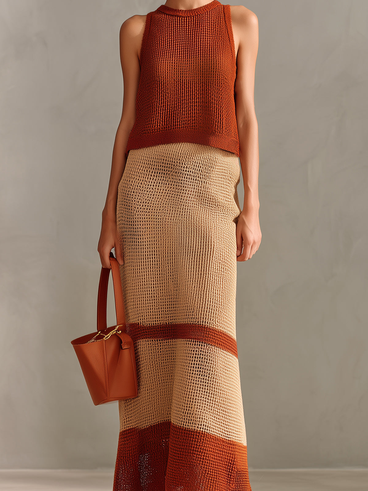 ElevenOra Chic Elegant Caramel-Beige Colorblock Round Neck Sleeveless Vest A-Line Maxi Skirt Knit Two-Piece Set