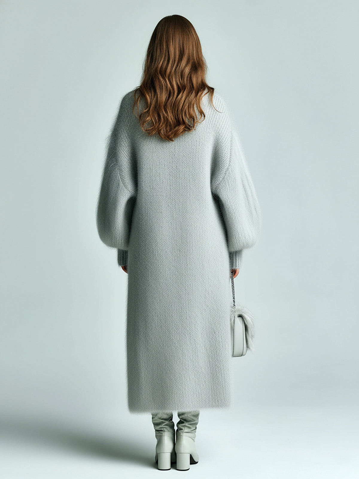 ElevenOra Casual Chic Light Gray Fuzzy Extra-Long Single-breasted Puff Sleeve Knit Cardigan