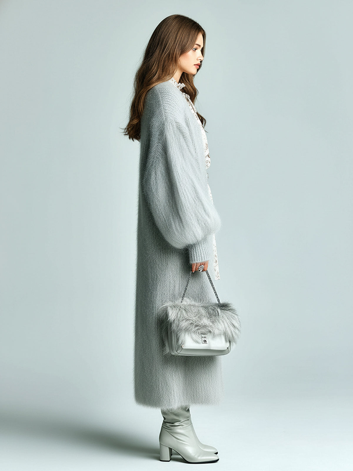 ElevenOra Casual Chic Light Gray Fuzzy Extra-Long Single-breasted Puff Sleeve Knit Cardigan