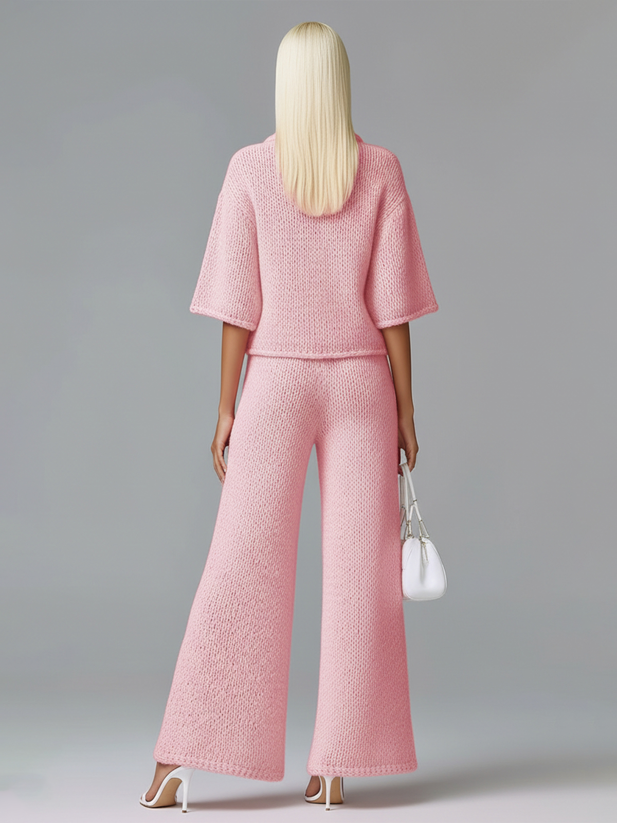 ElevenOra Stylish Elegant Barbie Pink Lapel Seven-Quarter Sleeve Half-Zip Loose Sweater And Wide-Leg Pants Two-Piece Set