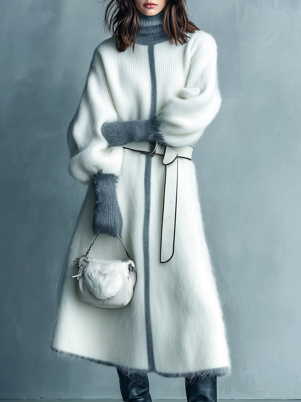 ElevenOra Chic Elegant Oversized Turtle Neck Belted Contrast Trim Long Sleeve Knit Midi Dress