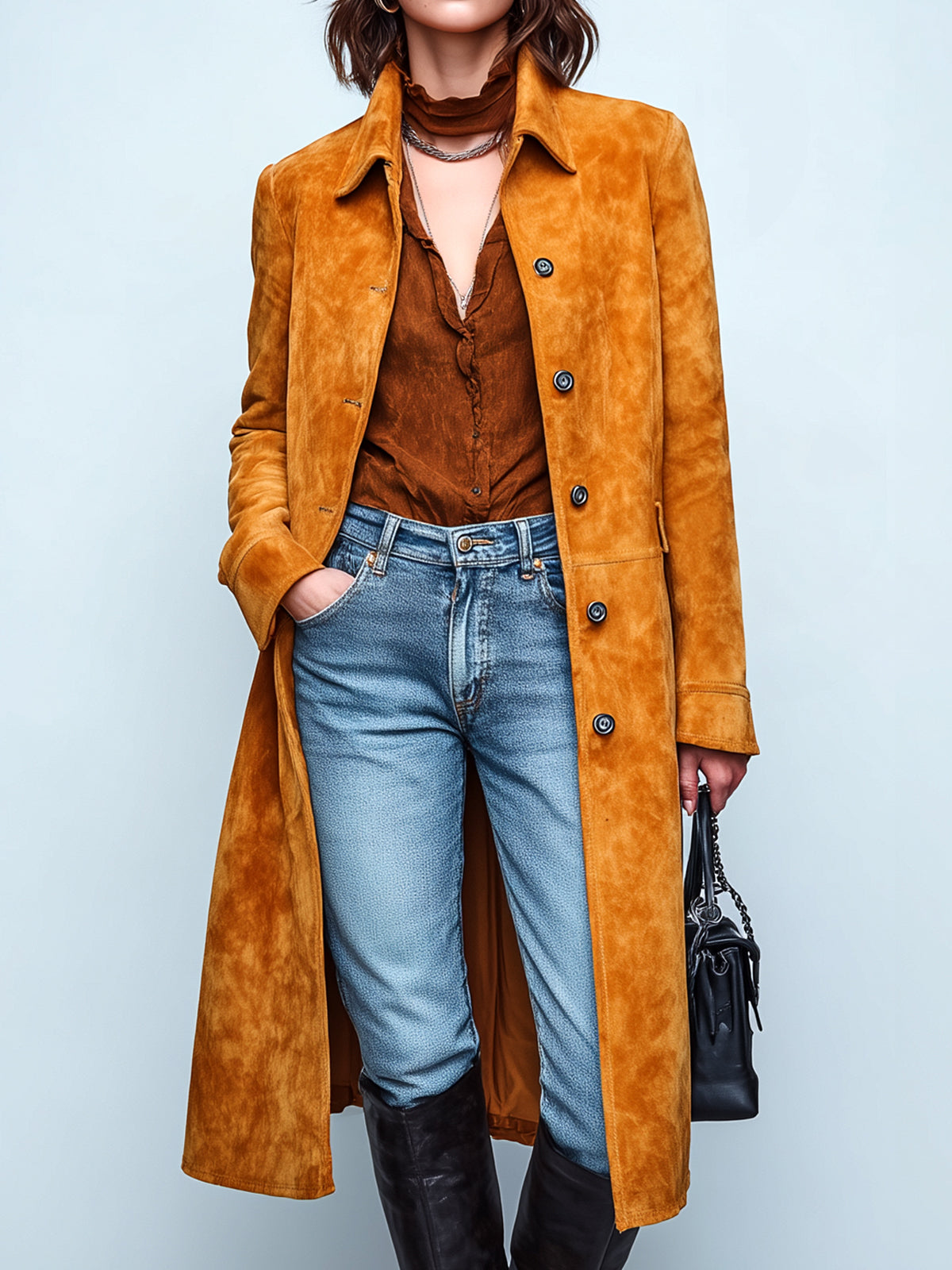 ElevenOra Chic Vintage Caramel Faux Suede Lapel Single-breasted Long Single-Breasted Trench Coat