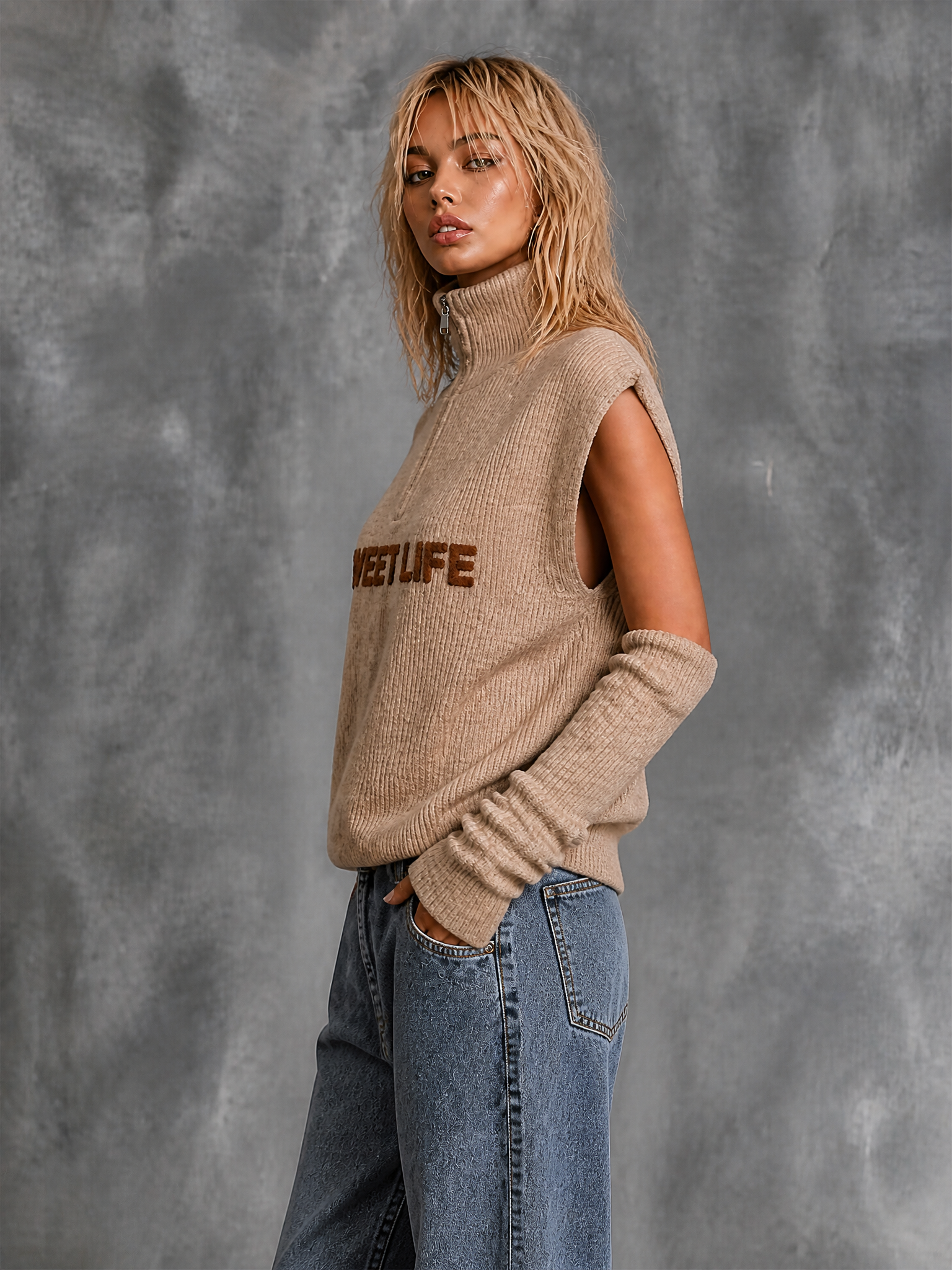 ElevenOra Chic Casual Beige Half‑Zip Turtleneck Letter Jacquard Sleeveless Long Arm Warmers Loose-Fit Knit Vest Top