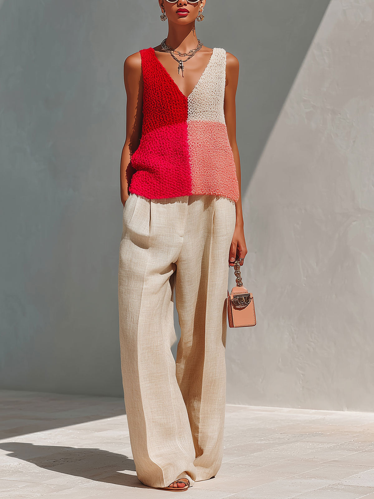 ElevenOra Chic Elegant Red Colorblock V-Neck Sleeveless Knit Tank Top Beige Linen Blend Wide-Let Pants Two-Piece Set
