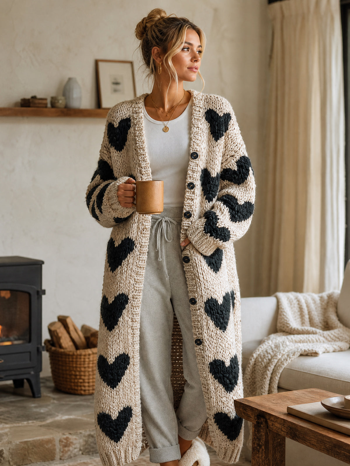 ElevenOra Chic Vintage Beige-Black Heart Jacquard Relaxed Fit Single-Breasted Long Sleeve Knit Long Cardigan