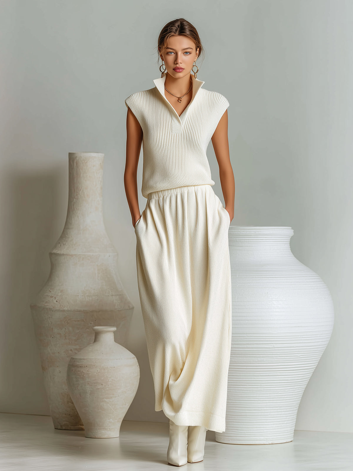 ElevenOra Chic Elegant Cream White Stand Collar V-Neck Sleeveless Loose-Fit Top A-Line Maxi Dress Knit Two-Piece Set