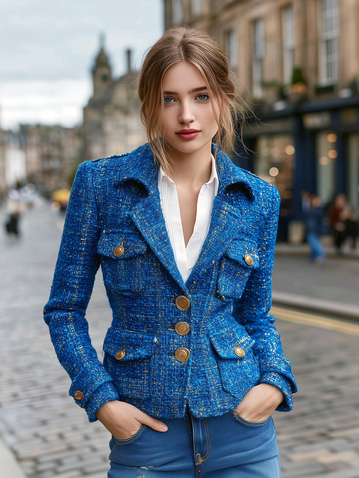 ElevenOra Chic Vintage Tweed Lapel Single-breasted Multi-Pocket Tailored Waist Mini Blazer