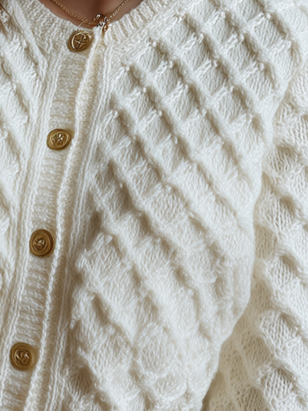 ElevenOra Casual Chic Cream White Cable Knit Crew Neck Gold Button Cropped Cardigan