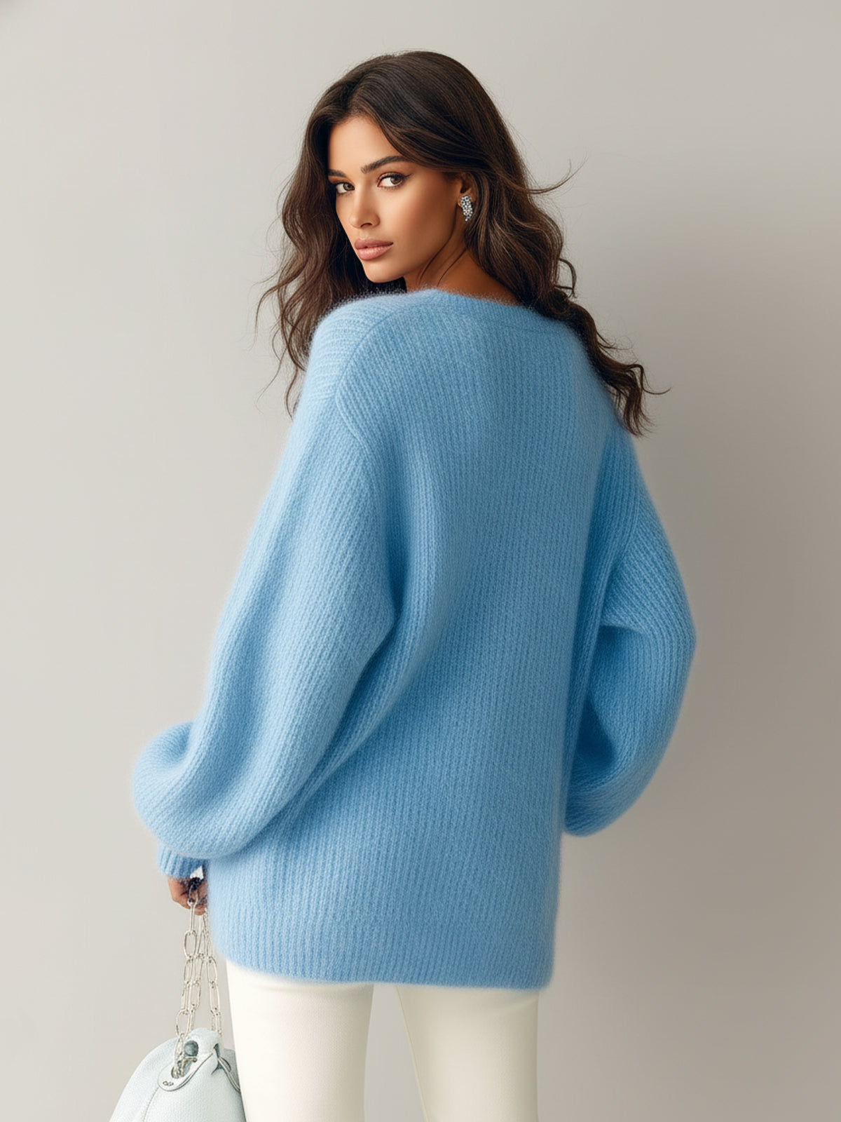 ElevenOra Chic Vintage Blue V-Neck Long-Sleeve Zipper-Front Oversize Fuzzy Knit Sweater Top
