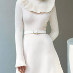 ElevenOra Ruffled High Neck Belted Fitted Solid Color Long Sleeve  A-Line Knit Mini Dress