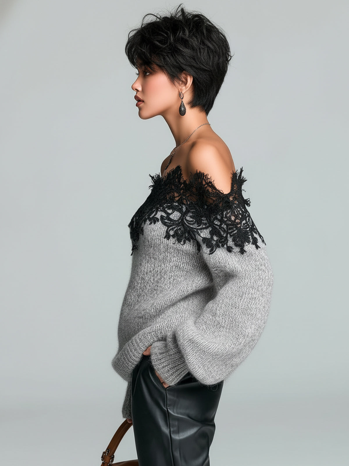 ElevenOra Chic Casual Gray Off-The-Shoulder Lace Trim Detail Long Sleeve Oversized Knit Sweater Top