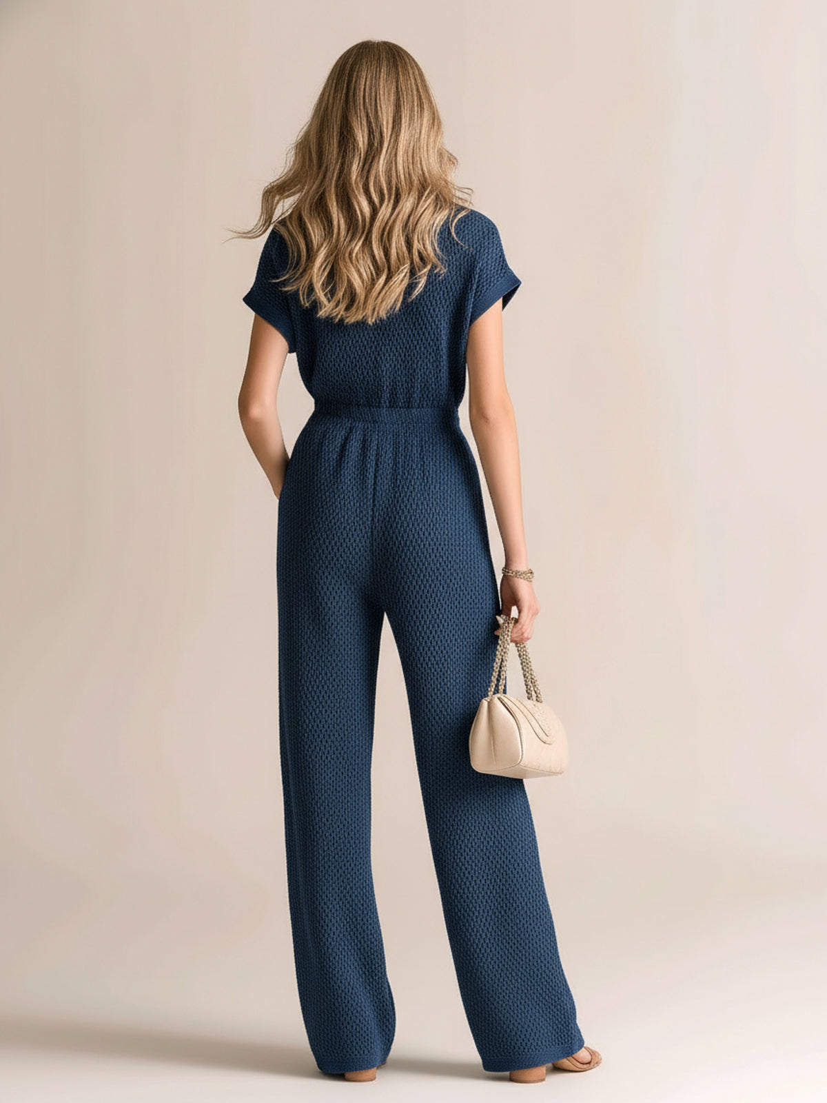 ElevenOra Chic Vintage Navy Blue Zipper-Up Lapel Collar Short-Sleeve Loose-Fit Waffle Knit Jumpsuit