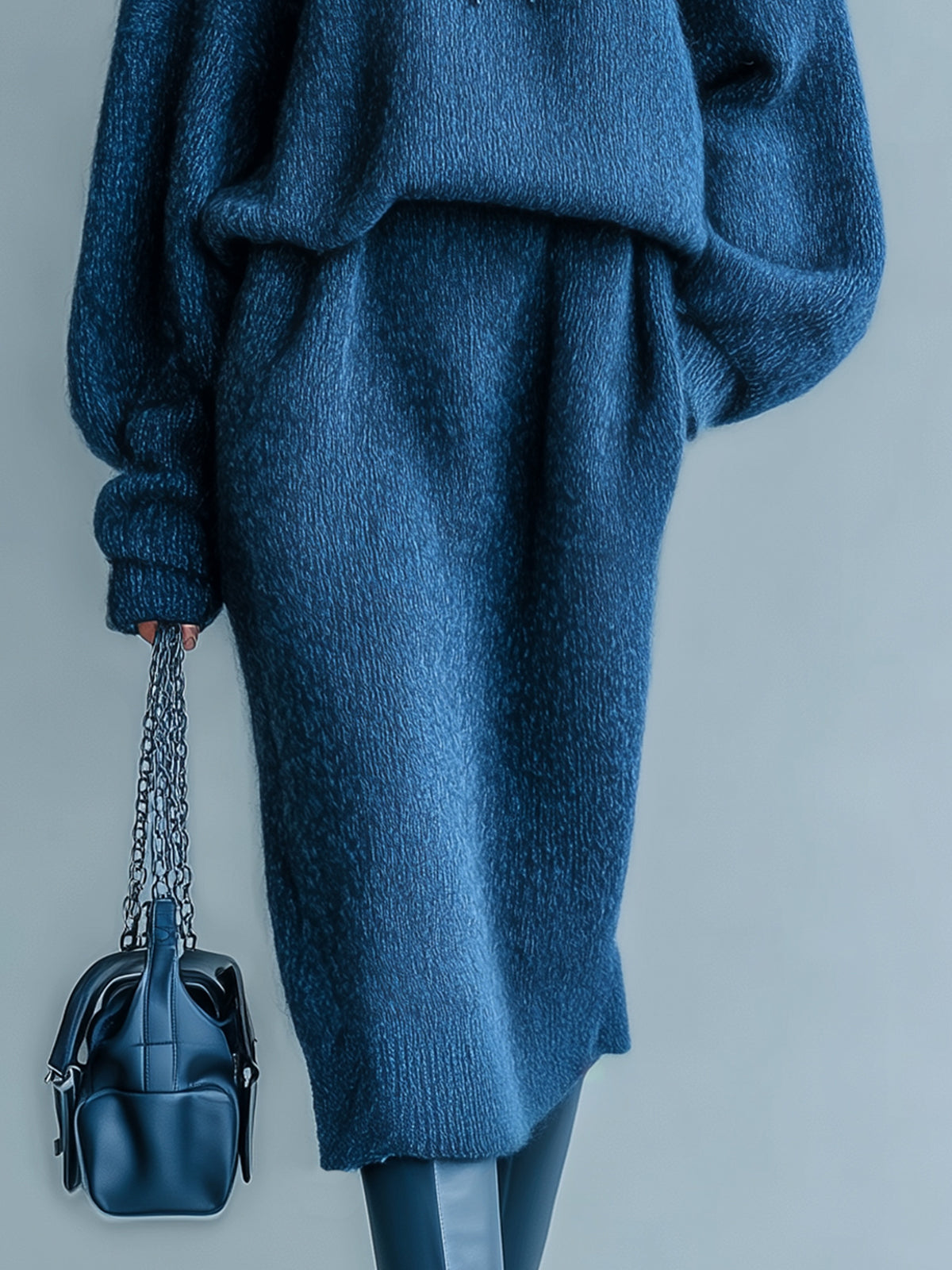 ElevenOra Chic Cozy Dark Blue Oversized Long Sleeve Hooded Sweater Elastic Waist Midi Skirt Knit Two-Piece Set