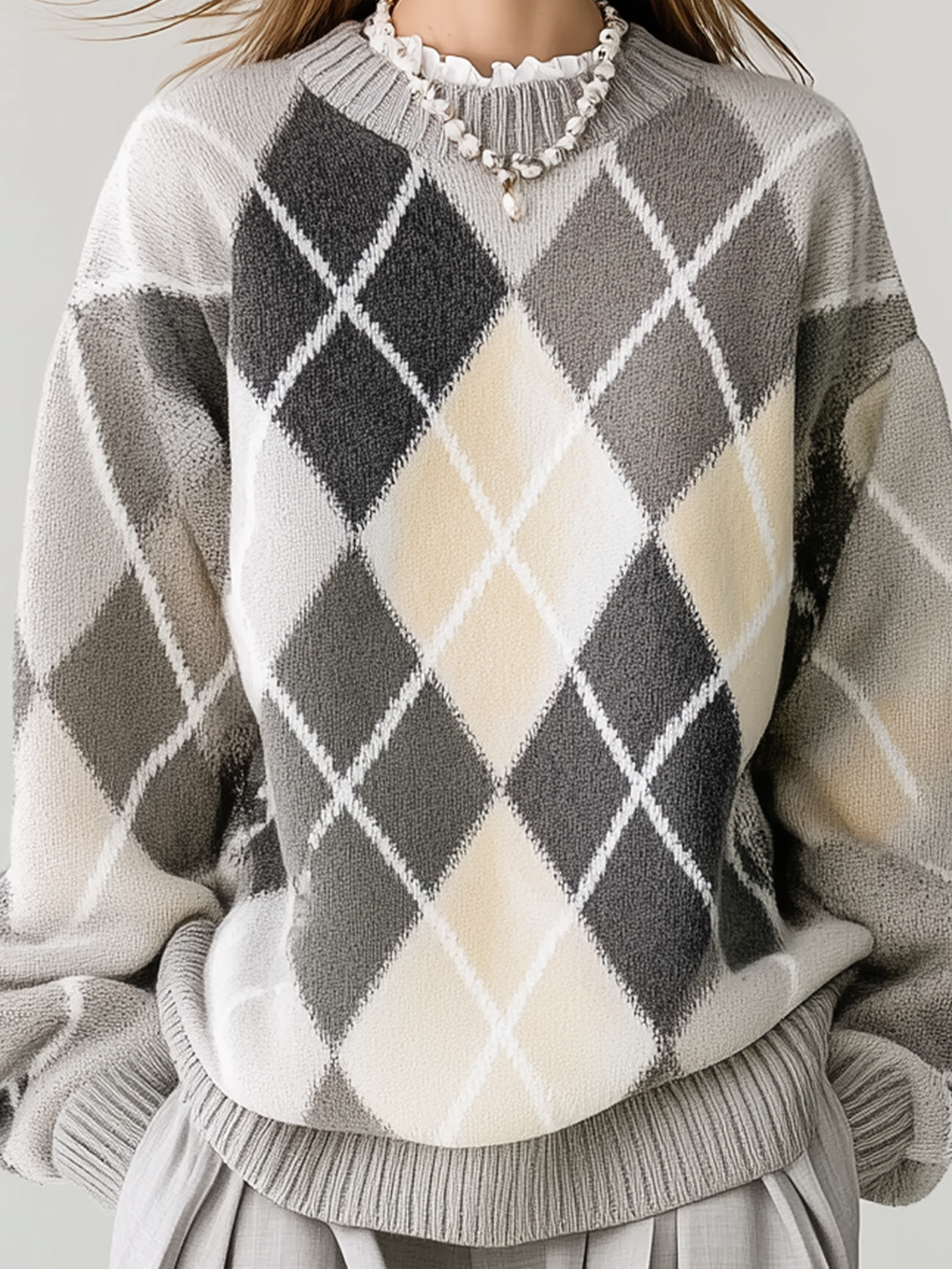 ElevenOra Chic Casual Argyle Plaid Gray White Round Neck Loose Knit Pullover Sweater