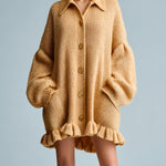ElevenOra Chic Casual Camel Lapel Single-Breasted Lantern Sleeve Ruffled Hem Slouchy Knit Cardigan