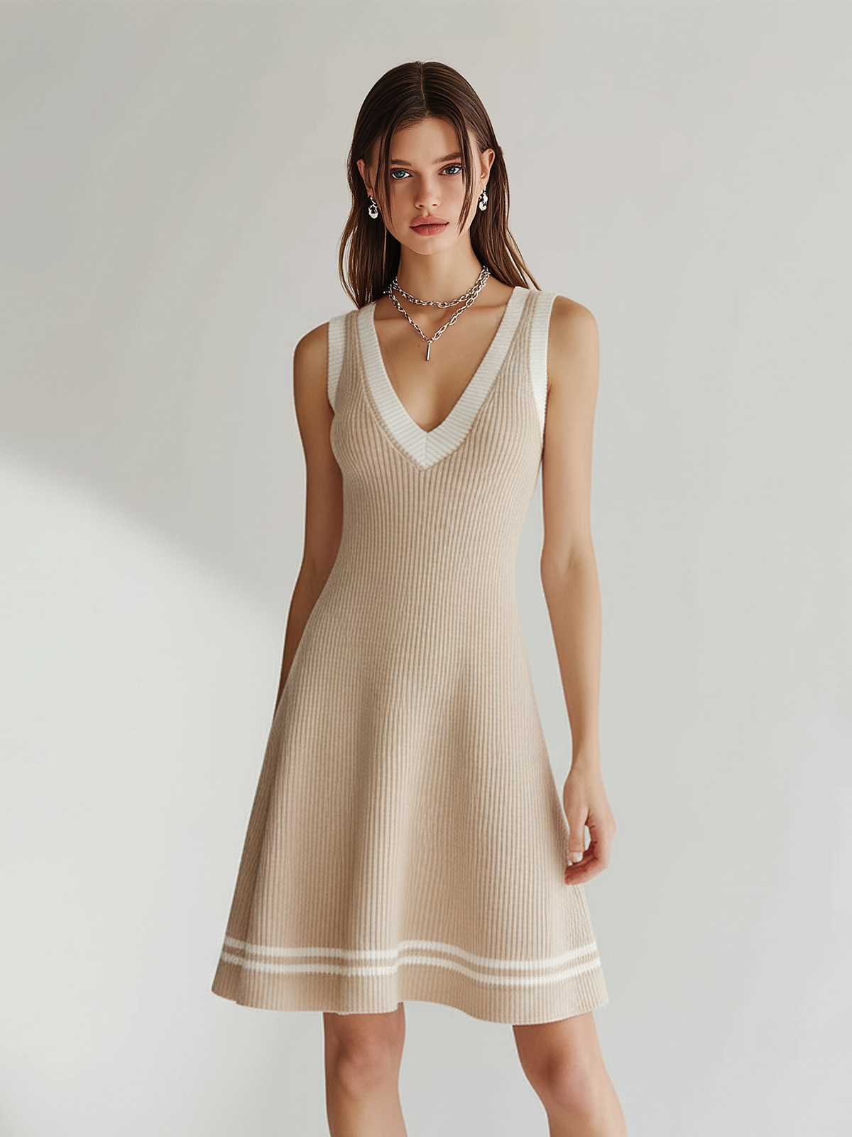 ElevenOra Chic Elegant Camel V-Neck Sleeveless Contrast Trim Tailored Waist A-Line Knit Mini Dress