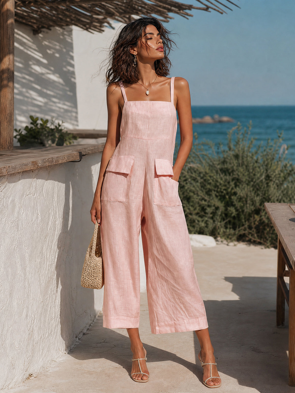 ElevenOra Chic Elegant Pink Cotton Linen Blend Thin Straps Sleeveless  Patch Pockets Loose-Fit Wide-Leg Cropped Jumpsuit
