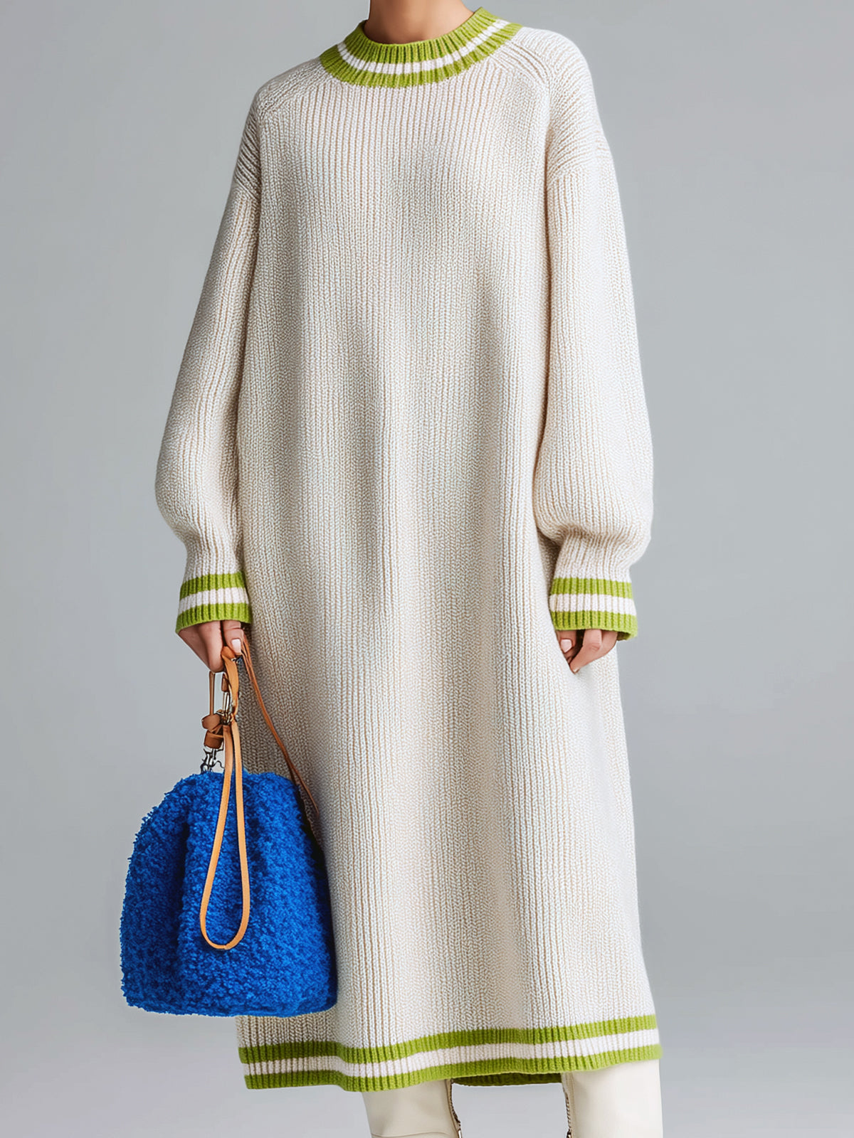 ElevenOra Chic Casual Cream White Crew Neck Contrast Stripes Oversized Long Sleeve Knit Maxi Dress