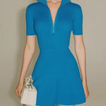 ElevenOra Chic Casual Royal Blue Zipper-Up Lapel Short-Sleeve Tailored Waist A-Line Ribbed Knit Mini Dress