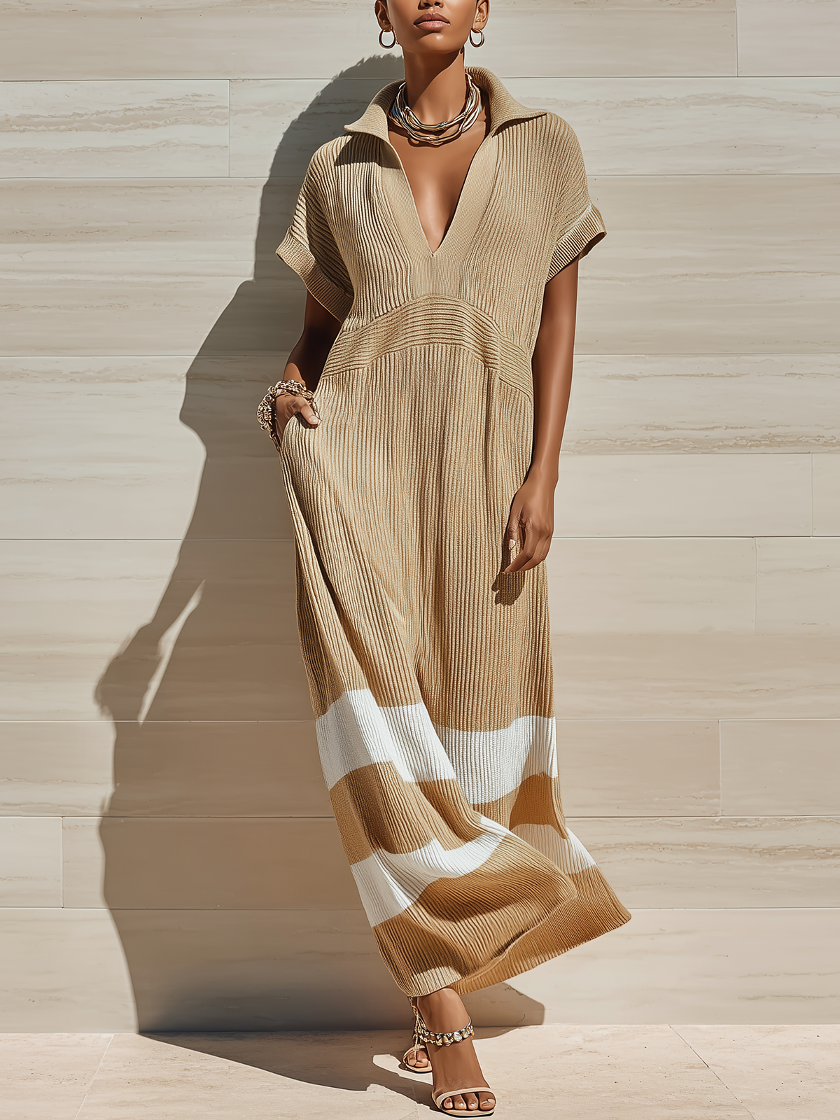 ElevenOra Chic Casual Camel Colorblock Lapel Collar V-neck Short-sleeved Loose Ribbed Knit Maxi Dress