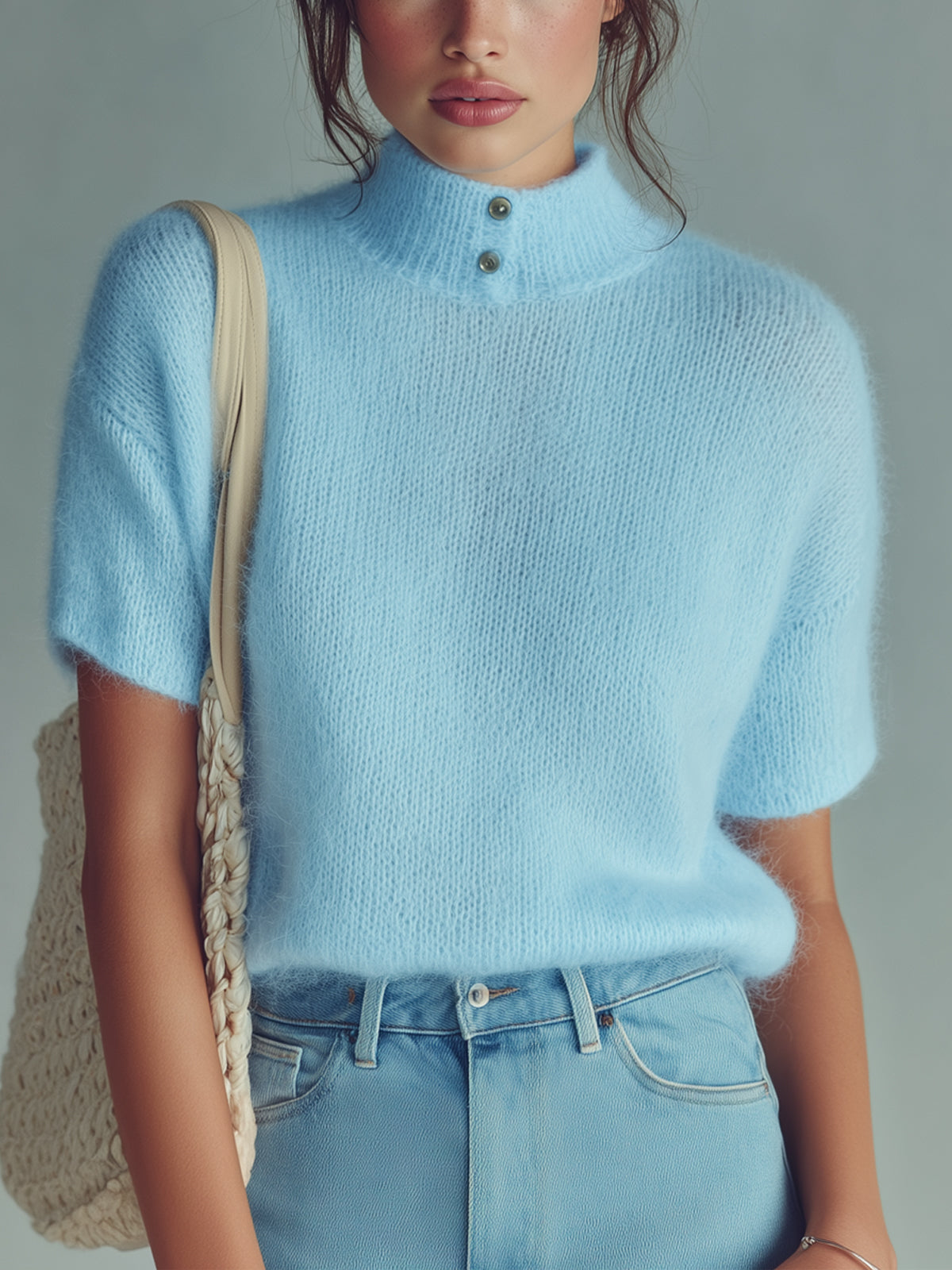 ElevenOra Chic Vintage Light Blue Stand Collar Button-Front Short-Sleeve Fuzzy Knit Sweater Top