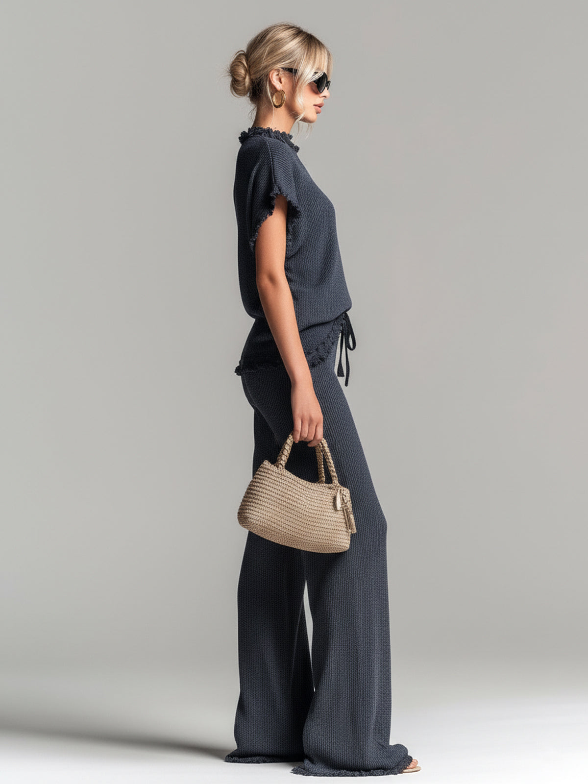 ElevenOra Chic Elegant Dark Gray Round Neck Short-Sleeve Loose-Fit Sweater Wide-Leg Pants Lace Details Ribbed Knit Two-Piece Set