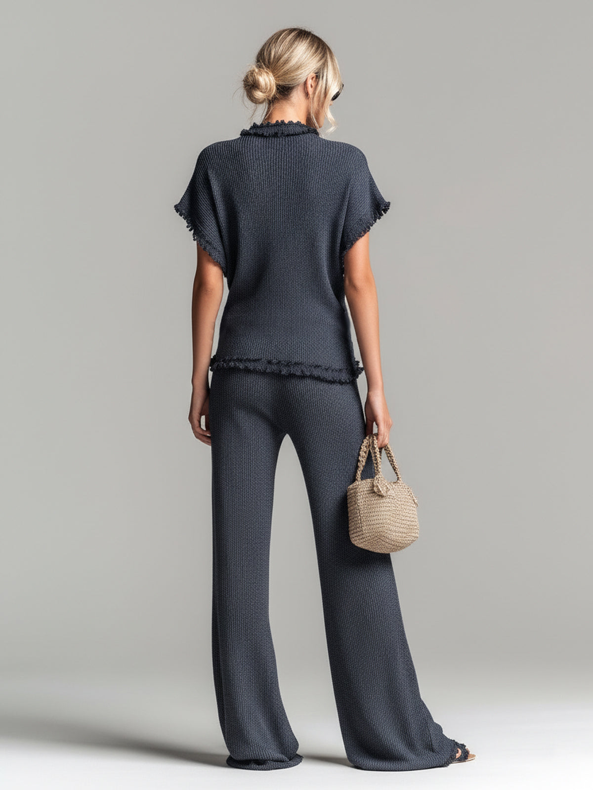 ElevenOra Chic Elegant Dark Gray Round Neck Short-Sleeve Loose-Fit Sweater Wide-Leg Pants Lace Details Ribbed Knit Two-Piece Set