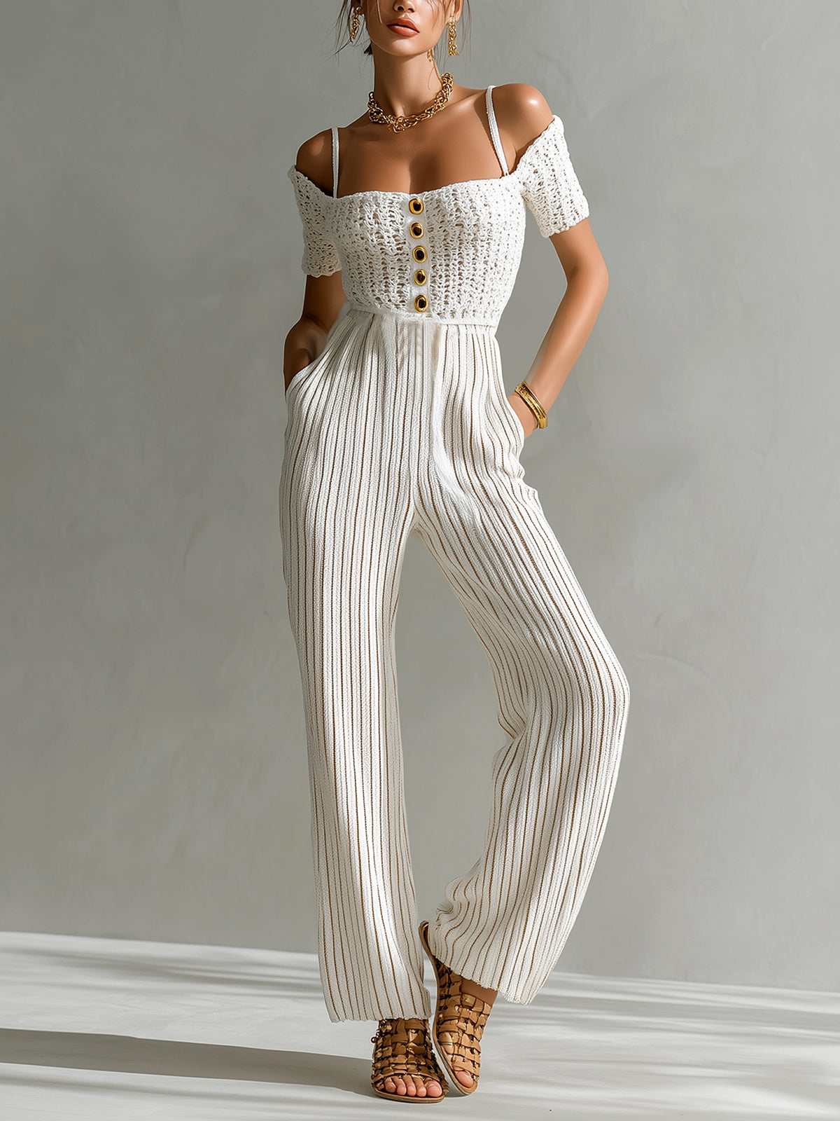 ElevenOra Chic Elegant White Off-The-Shoulder Square Neck Short-Sleeve Gold Button Detail Tailored Waist Wide Leg Crochet Ribbed Knit Jumpsuit