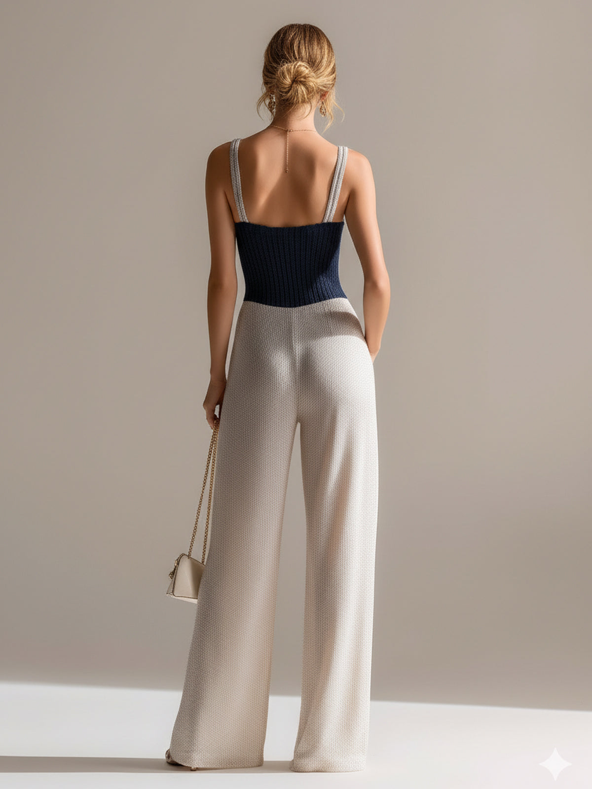 ElevenOra Chic Elegant Navy-Beige Colorblock Camisole V-Neck Zipper-Front Tailored-Waist  Wide Leg Knit Jumpsuit