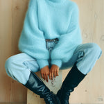 ElevenOra Casual Vintage Baby Blue Turtleneck Fuzzy Lantern Sleeve Slouchy Sweater