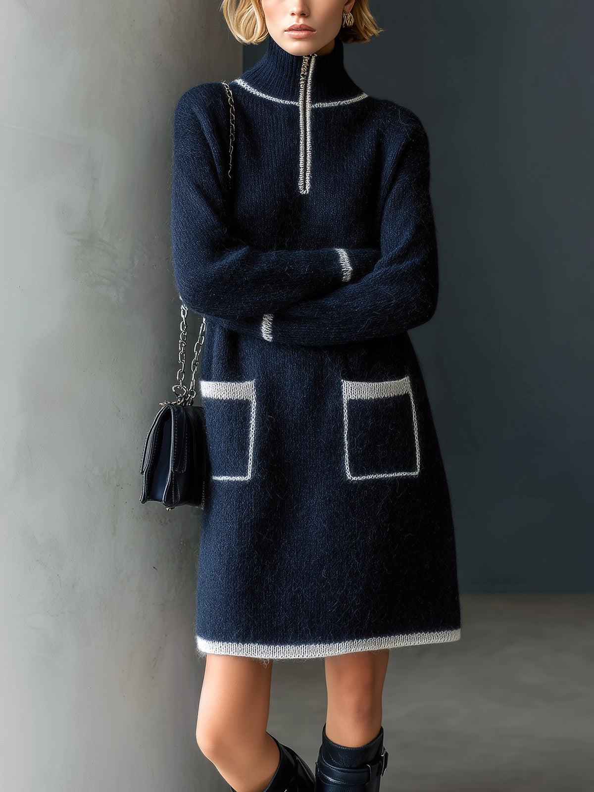 ElevenOra Chic Casual Navy Zipper Stand Collar Patch Pockets Long Sleeve Fuzzy Knit Mini Dress
