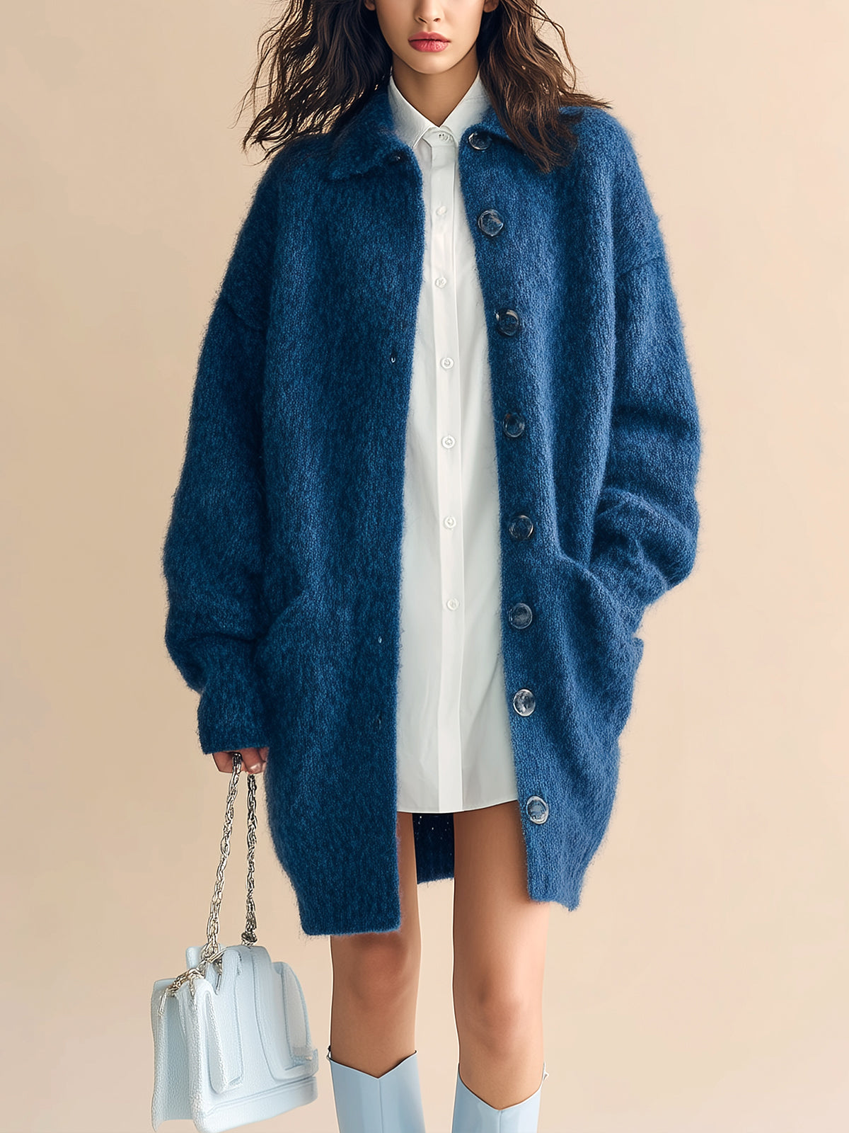 ElevenOra Chic Vintage Dark Blue Lapel Single-Breasted Long Sleeve Oversized Knit Mid-Length Cardigan