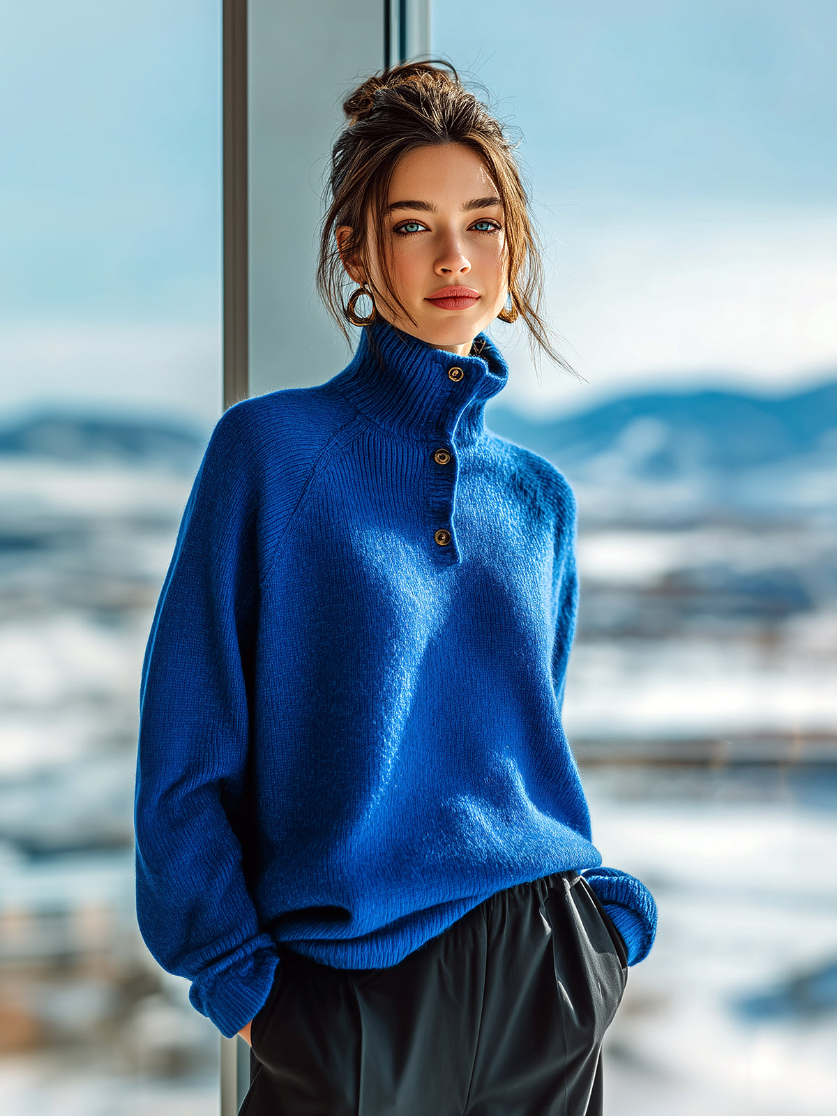 ElevenOra Casual Chic Half-Turtleneck Button-Detail Long Sleeve Slouchy Knit Sweater