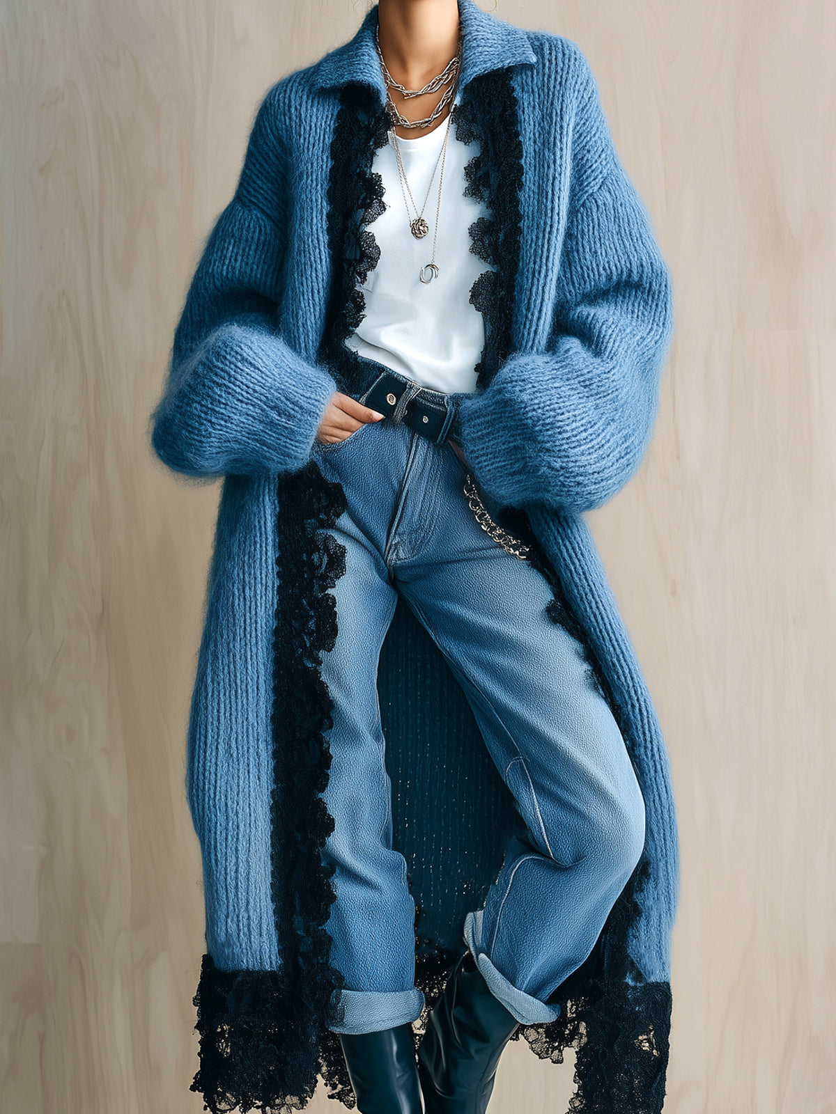 ElevenOra Chic Casual Haze Blue Lapel Black Lace-Trimmed Maxi-Length Slouchy Edgy Knit Cardigan