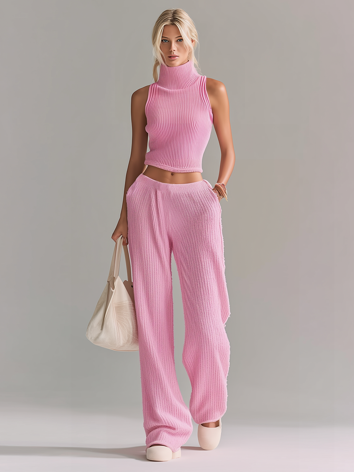ElevenOra stylish Elegant Pink High-neck V-neck Sleeveless Loose Sweater Wide-leg Pants Knit Two-piece Set