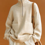 ElevenOra Chic Elegant Cream White Mock Neck Half-Zip Double Pocket Slouchy Knit Sweater