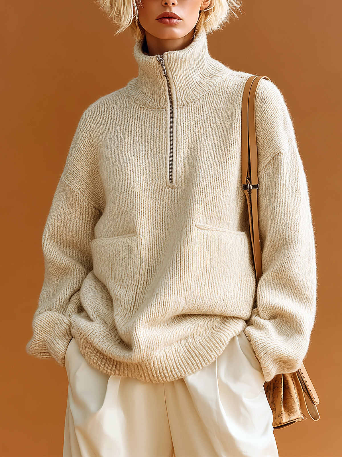 ElevenOra Chic Elegant Cream White Mock Neck Half-Zip Double Pocket Slouchy Knit Sweater