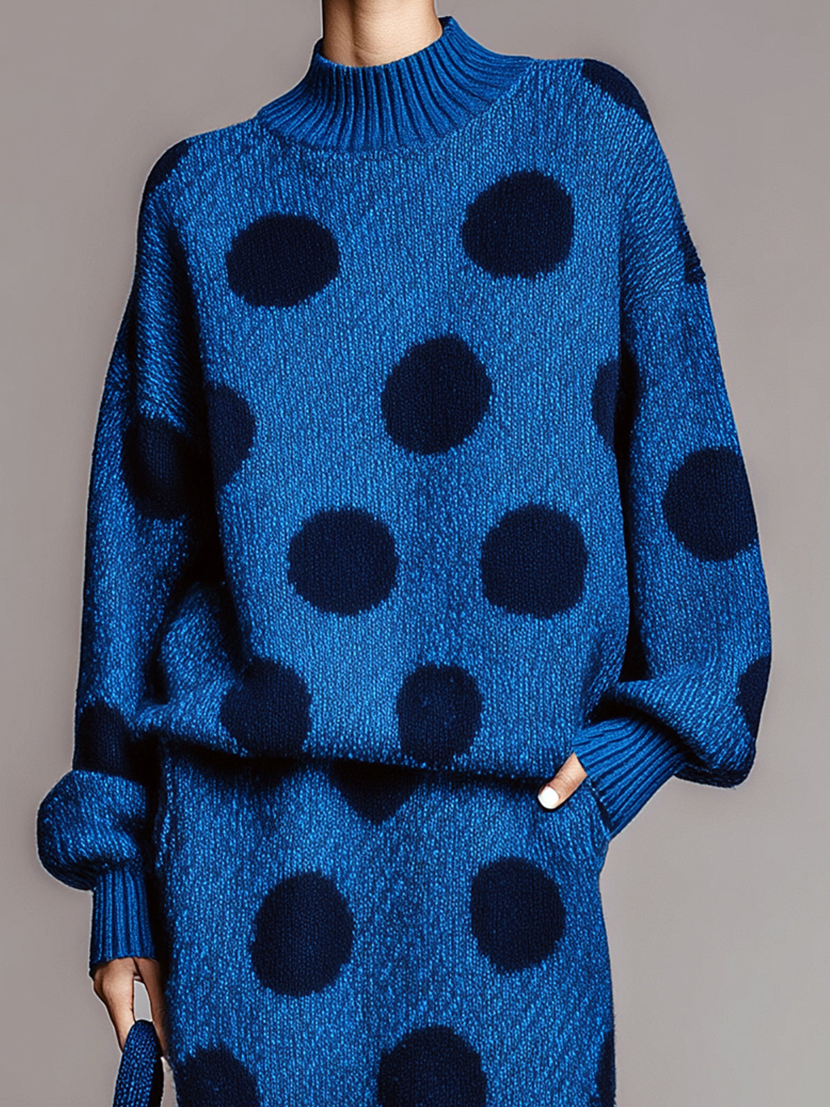 ElevenOra Chic Contrast Polka Dot Mock Neck Long Sleeve Top Midi Skirt Knit Two-Piece Set