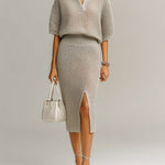 ElevenOra Chic Elegant Light Camel Lapel V-Neck Short-Sleeve Loose-Fit Sweater Slit Bodycon Midi Skirt Knit Two-Piece Set