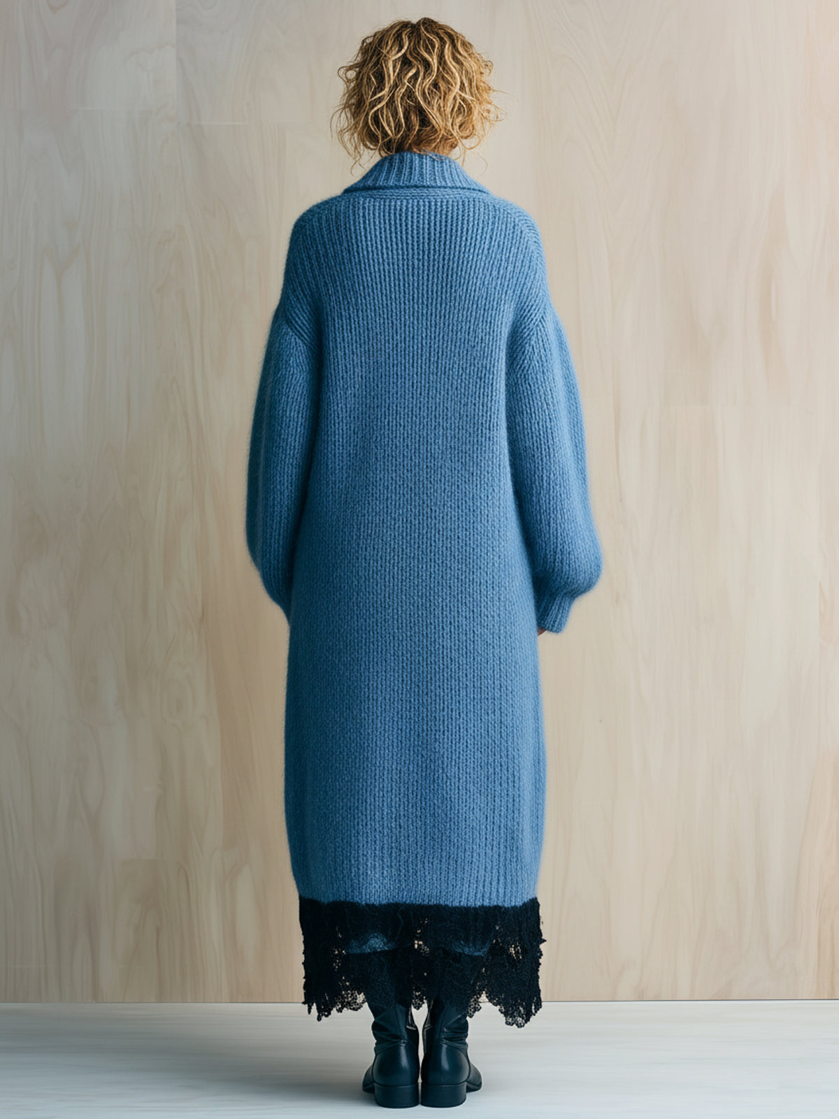 ElevenOra Chic Casual Haze Blue Lapel Black Lace-Trimmed Maxi-Length Slouchy Edgy Knit Cardigan