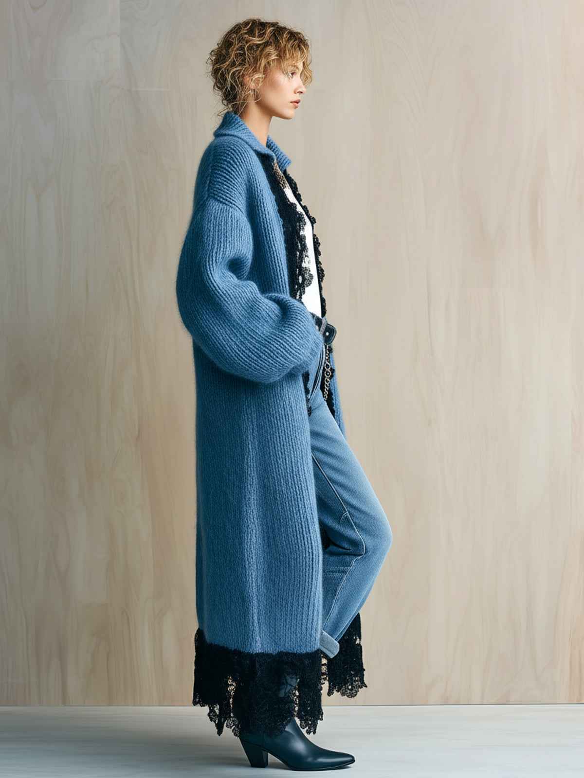 ElevenOra Chic Casual Haze Blue Lapel Black Lace-Trimmed Maxi-Length Slouchy Edgy Knit Cardigan