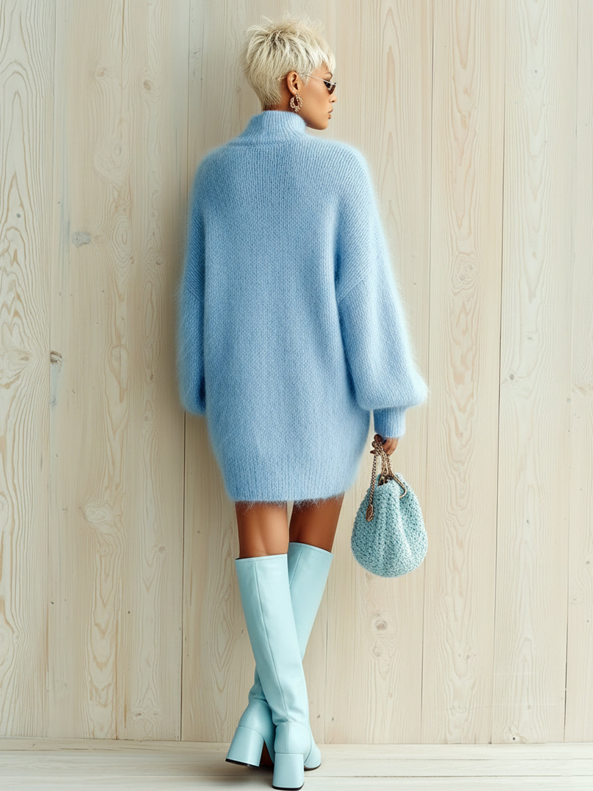 ElevenOra Chic Elegant Baby Blue Mock Neck Oversized Long-Sleeve Mohair Knit Mini Dress