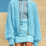ElevenOra Chic Casual Baby Blue Crew Neck Zipper-Front Long Sleeve Fuzzy Oversized Cardigan