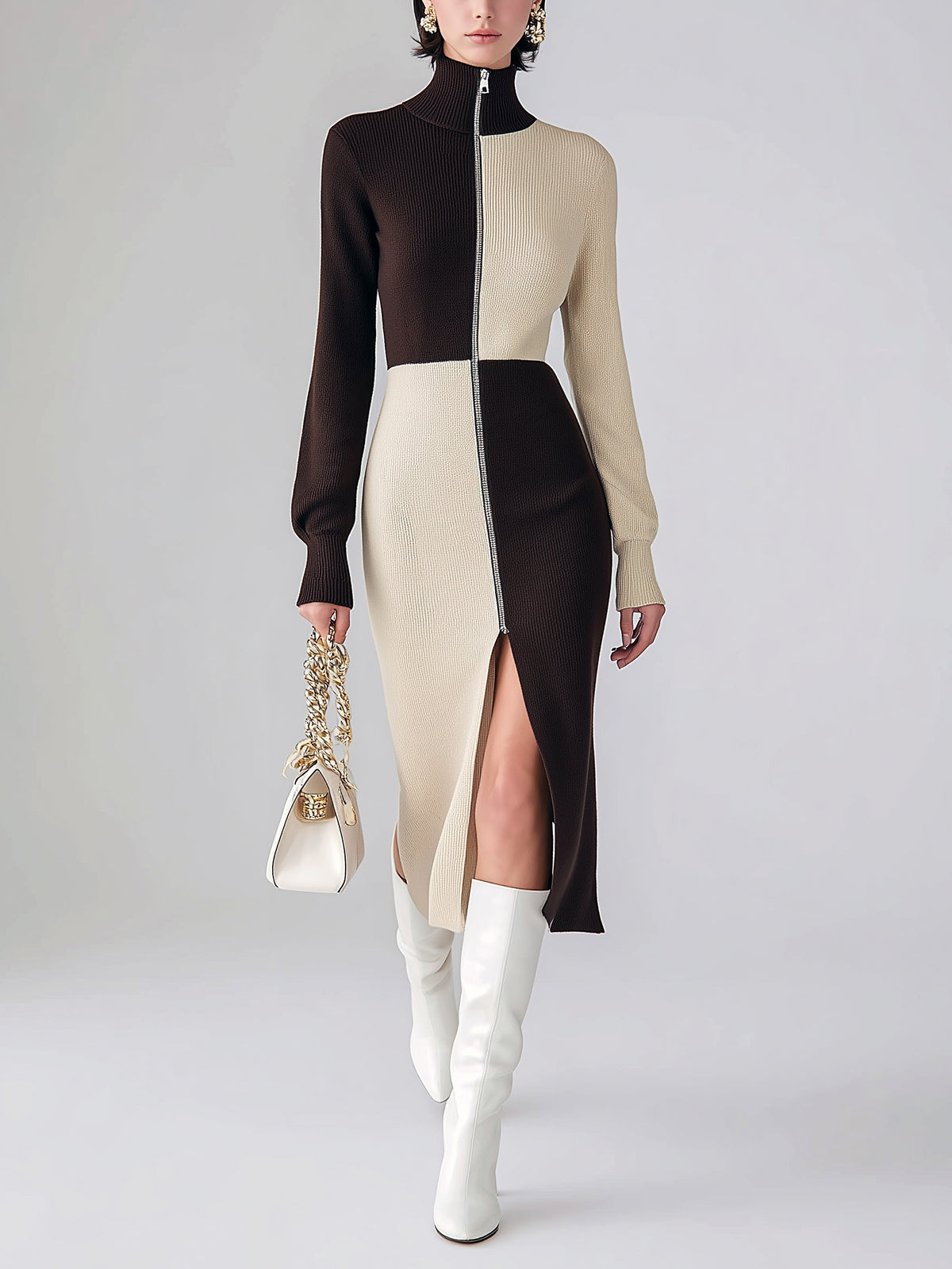 ElevenOra Chic Vintage Colorblock Zip-up Mock Neck Tailored Long-sleeved Knit Midi Dress