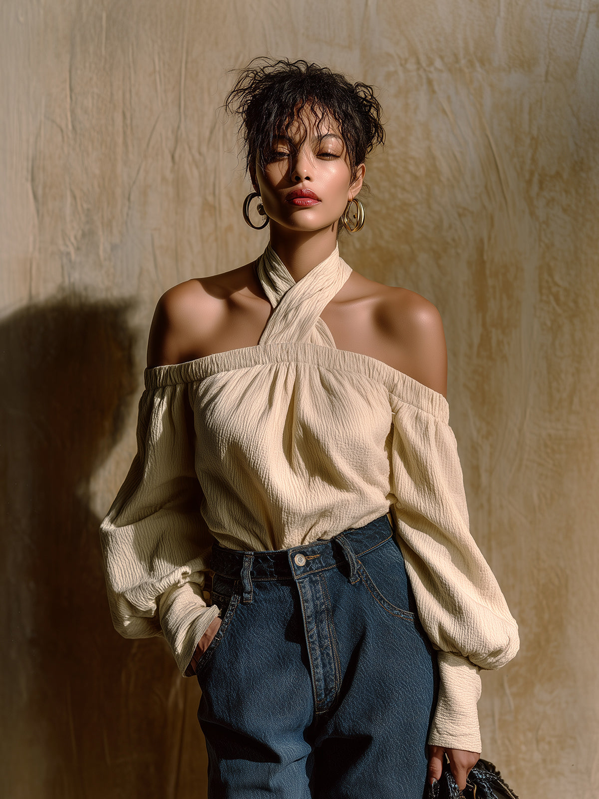 ElevenOra Chic Vintage Apricot Cotton Blend Pleated Fabric Halter Off The Shoulder Long Lantern Sleeve Oversized Shirt